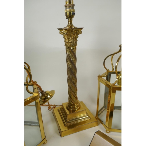 272 - A brass Corinthian column table lamp, a pair of brass and glass hexagonal lanterns and four picture ... 