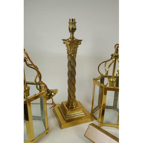 272 - A brass Corinthian column table lamp, a pair of brass and glass hexagonal lanterns and four picture ... 