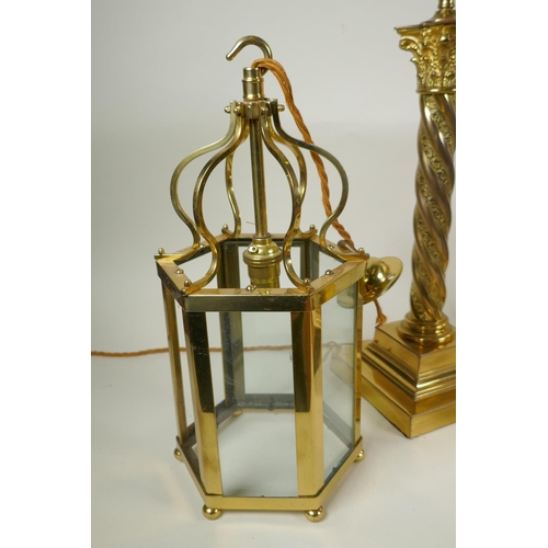 272 - A brass Corinthian column table lamp, a pair of brass and glass hexagonal lanterns and four picture ... 