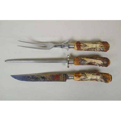 276 - A cased carving set by Anton Wingen Jr of Solingen, Germany, with carved antler handles decorated wi... 