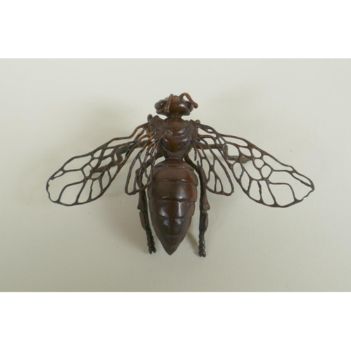 280 - A Japanese style bronze okimono wasp, 10cm wide