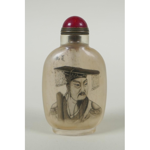 290 - A Chinese reverse decorated glass snuff bottle with a portrait of an immortal, character inscription... 