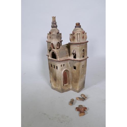 301 - A painted terracotta model/pastille burner of a basilica, 46cm high, AF, losses, repairs