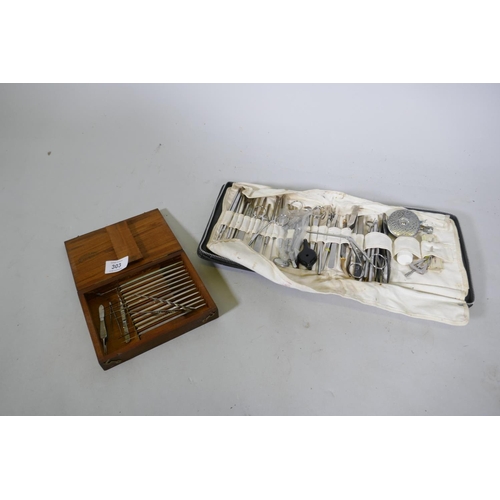 303 - A wood case stamped Weiss & Son, London, containing surgical instruments, and another fold out c... 