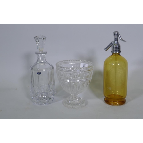 35 - A Bohemian crystal glass decanter, a Schweppes soda syphon, and an antique cut glass bowl, 19cm high