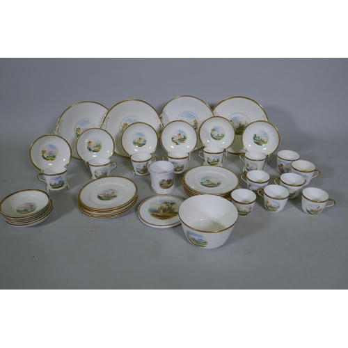 4 - A Staffordshire six place tea set with hand painted decoration of landscape scenes and abbey ruins, ... 