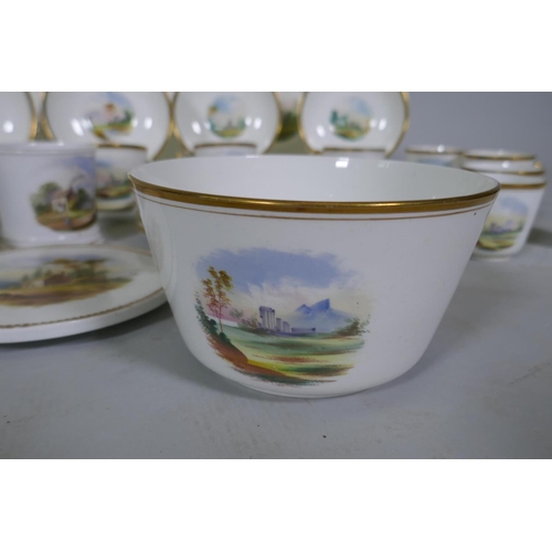 4 - A Staffordshire six place tea set with hand painted decoration of landscape scenes and abbey ruins, ... 