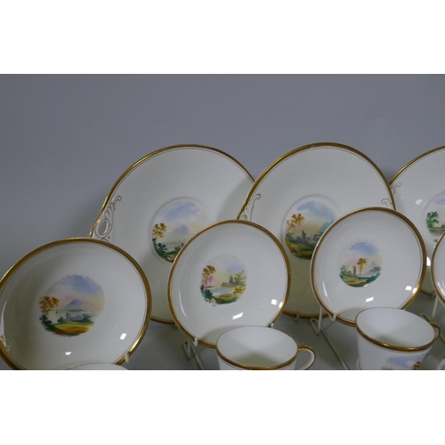 4 - A Staffordshire six place tea set with hand painted decoration of landscape scenes and abbey ruins, ... 