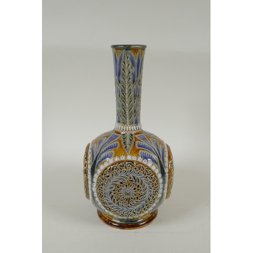 6 - A C19th Doulton Lambeth stoneware vase by Emily E. Stormer, decorated with raised reticulated floral... 