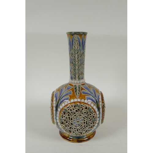 6 - A C19th Doulton Lambeth stoneware vase by Emily E. Stormer, decorated with raised reticulated floral... 