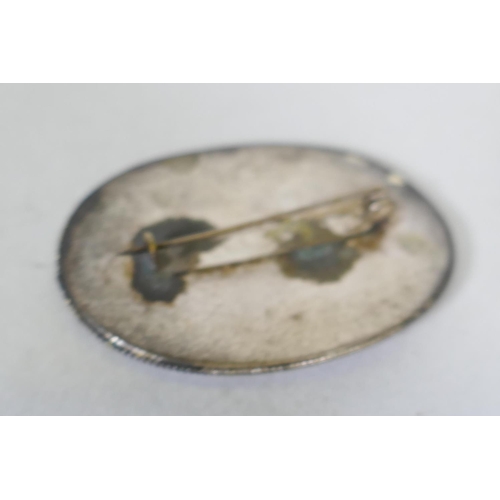 670 - A vintage silver fox brooch, unmarked, 6cm long, an Indian brooch miniature on mother of pearl depic... 