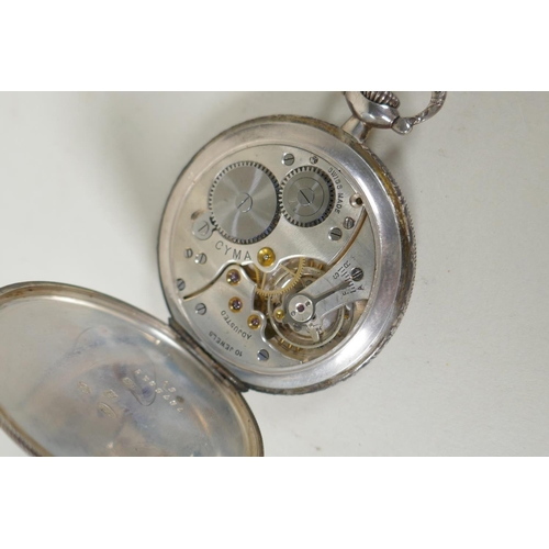 673 - A silver cased CYMA pocket watch with Arabic numerals and subsidiary seconds dial, a German silver c... 