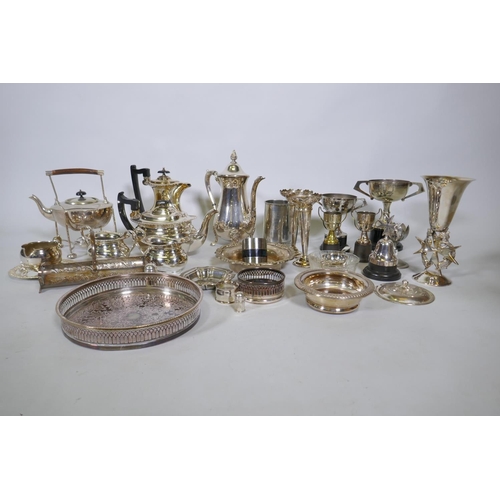 674 - A silver plate spirit kettle on stand, four piece tea set, Maltese vase, various silver plated ware,... 