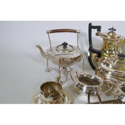 674 - A silver plate spirit kettle on stand, four piece tea set, Maltese vase, various silver plated ware,... 