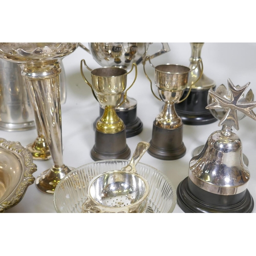 674 - A silver plate spirit kettle on stand, four piece tea set, Maltese vase, various silver plated ware,... 