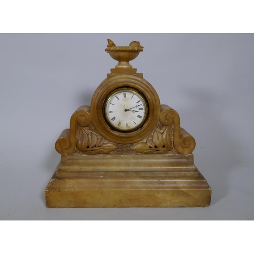 677 - A C19th French alabaster mantel clock with enamelled dial and Brevete spring driven movement