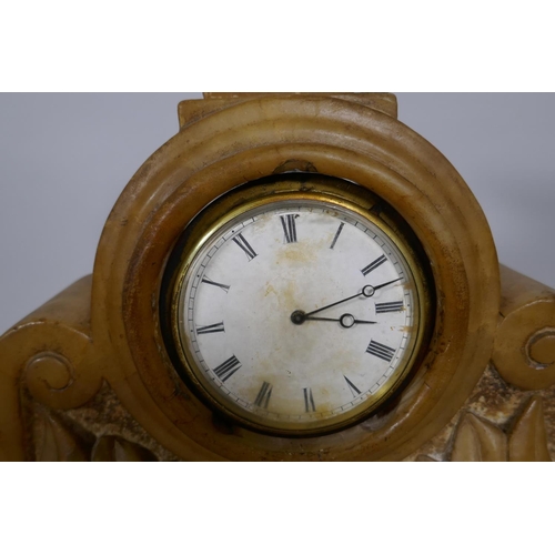 677 - A C19th French alabaster mantel clock with enamelled dial and Brevete spring driven movement