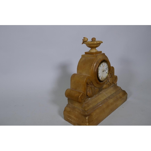 677 - A C19th French alabaster mantel clock with enamelled dial and Brevete spring driven movement