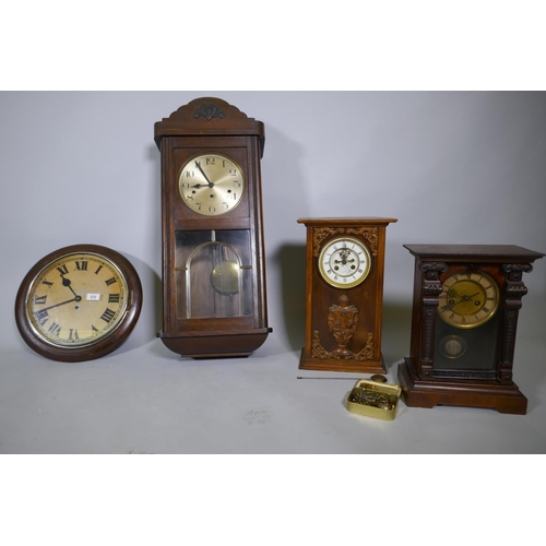 678 - A C19th oak cased wall clock with painted dial and spring driven movement, dial 30cm diameter, an oa... 