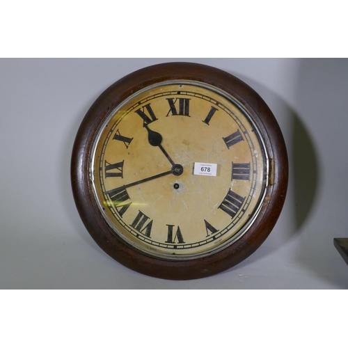 678 - A C19th oak cased wall clock with painted dial and spring driven movement, dial 30cm diameter, an oa... 