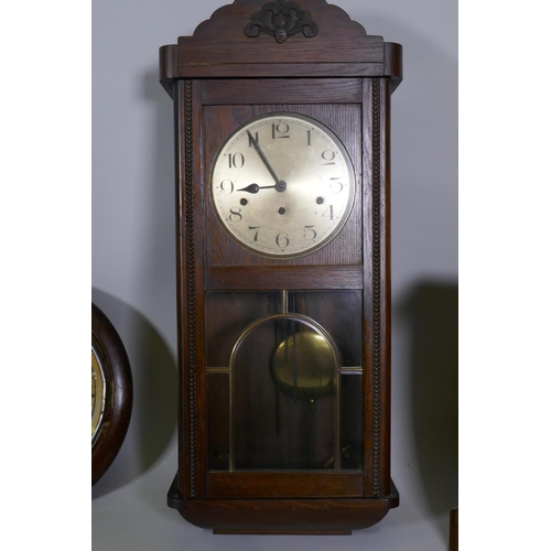 678 - A C19th oak cased wall clock with painted dial and spring driven movement, dial 30cm diameter, an oa... 