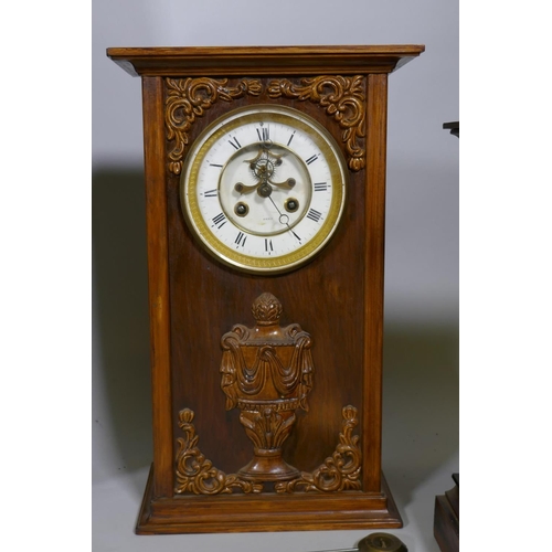 678 - A C19th oak cased wall clock with painted dial and spring driven movement, dial 30cm diameter, an oa... 