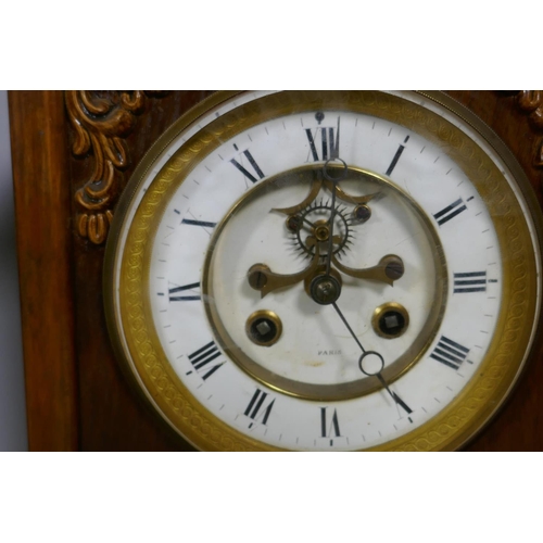 678 - A C19th oak cased wall clock with painted dial and spring driven movement, dial 30cm diameter, an oa... 