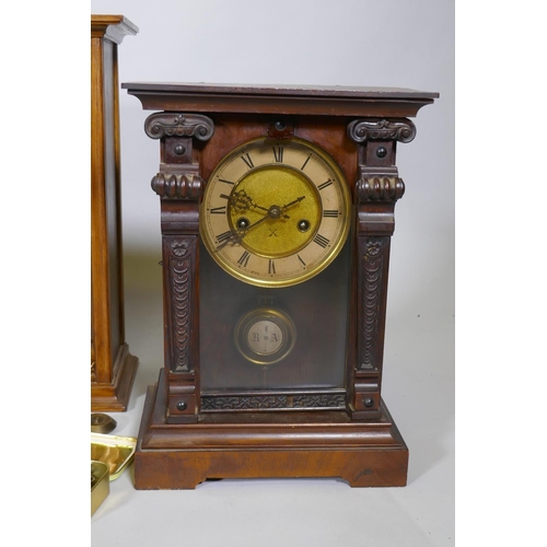 678 - A C19th oak cased wall clock with painted dial and spring driven movement, dial 30cm diameter, an oa... 