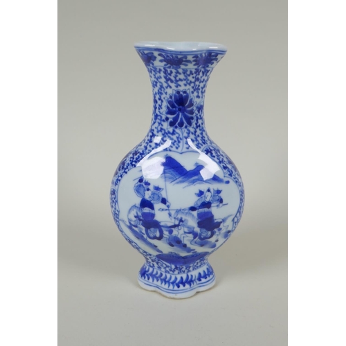 68 - An early C20th Chinese blue and white porcelain vase decorated with warriors on horseback, 18cm high