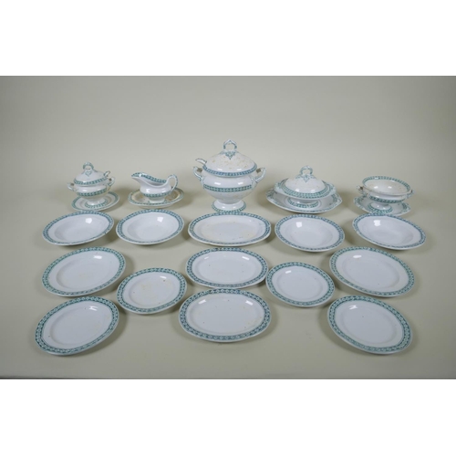 72 - A Victorian transfer printed porcelain doll's dining service, four settings including tureens, gravy... 