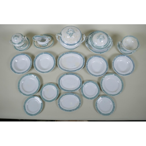 72 - A Victorian transfer printed porcelain doll's dining service, four settings including tureens, gravy... 