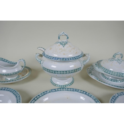 72 - A Victorian transfer printed porcelain doll's dining service, four settings including tureens, gravy... 