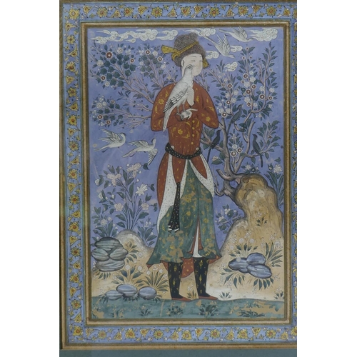 801 - An antique Mughal miniature of a falconer, a finely painted portrait of a nobleman with falcon, goua... 