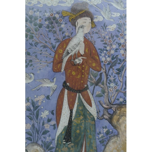 801 - An antique Mughal miniature of a falconer, a finely painted portrait of a nobleman with falcon, goua... 