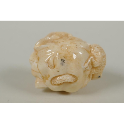 81 - A Japanese carved bone netsuke in the form of frogs and a snake, signed to base, 4.5cm wide