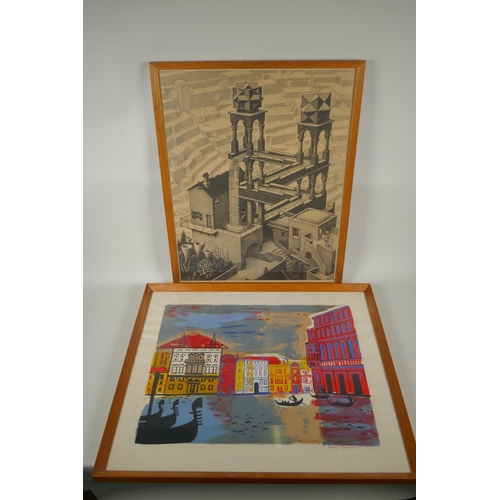 813 - Philip Lambert, Venice, signed, screen print, and another print after Mauritis C. Escher, The Waterf... 