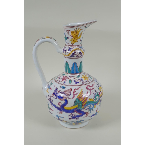 85 - A Chinese polychrome porcelain ewer decorated with dragons and birds, in bright enamels, Xuande 6 ch... 