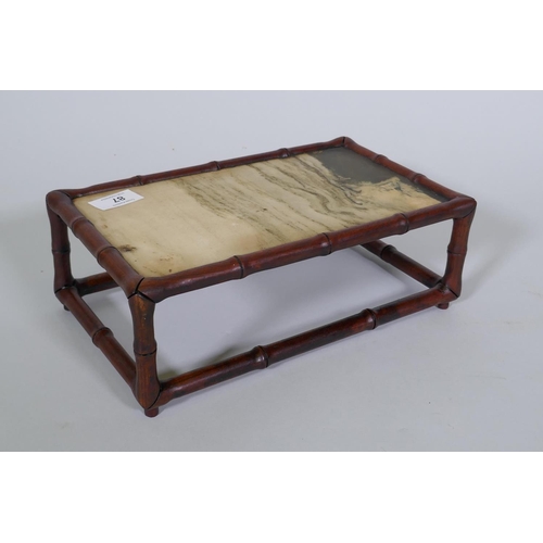 87 - A Chinese hardwood stand, faux bamboo carved with inset hardstone panel, 29 x 18 x 11cm