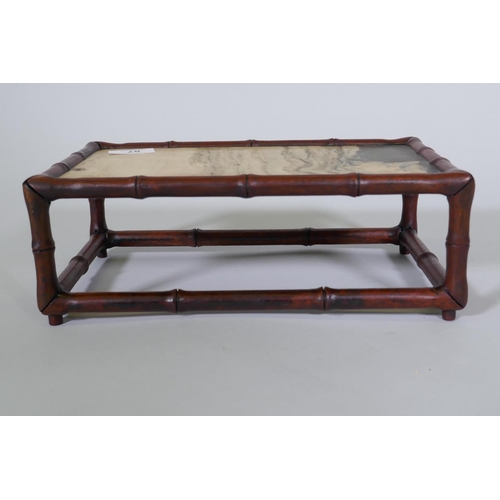 87 - A Chinese hardwood stand, faux bamboo carved with inset hardstone panel, 29 x 18 x 11cm