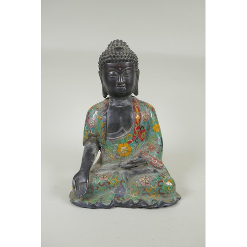 88 - A Chinese bronze Buddha in a cloisonne robe, mark to base, 27cm high