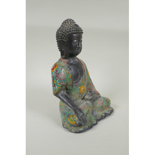 88 - A Chinese bronze Buddha in a cloisonne robe, mark to base, 27cm high