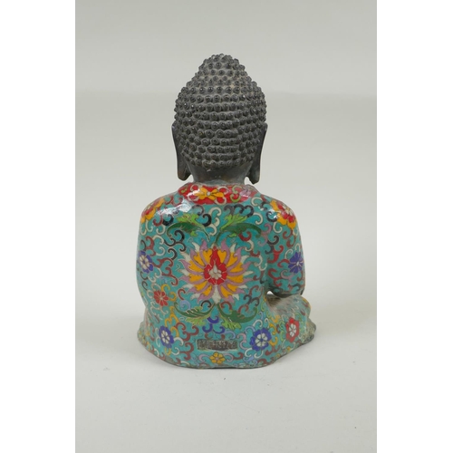 88 - A Chinese bronze Buddha in a cloisonne robe, mark to base, 27cm high