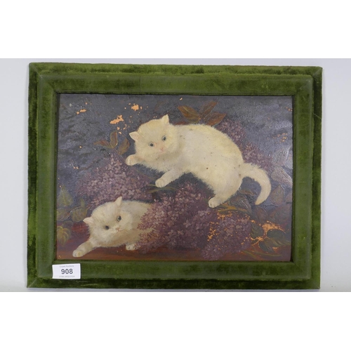 883 - Naive painting on glass, two kittens, in a velvet frame, labelled verso A. Cole, 1906