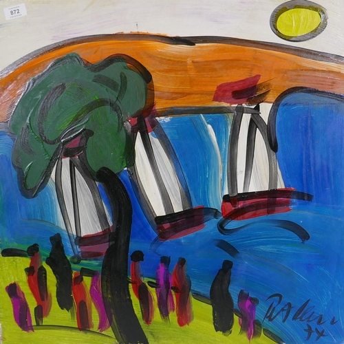 893 - Peter Keil, abstract, figures under a tree, signed and dated 74, oil on board, 61 x 61cm