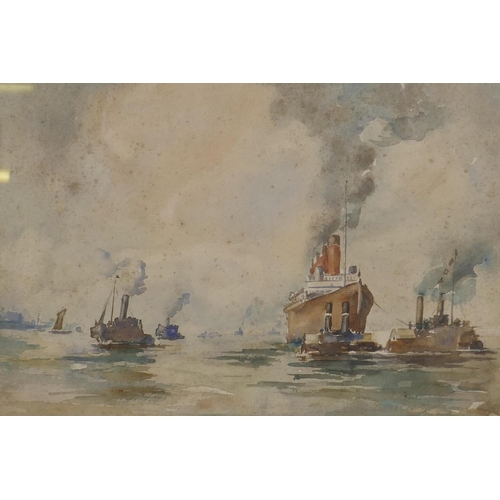 897 - Attributed David A. Baxter, Low Tide, the Queen Mary towed by tugs, labelled verso, watercolour, 32 ... 