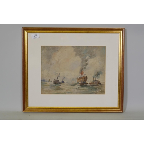 897 - Attributed David A. Baxter, Low Tide, the Queen Mary towed by tugs, labelled verso, watercolour, 32 ... 