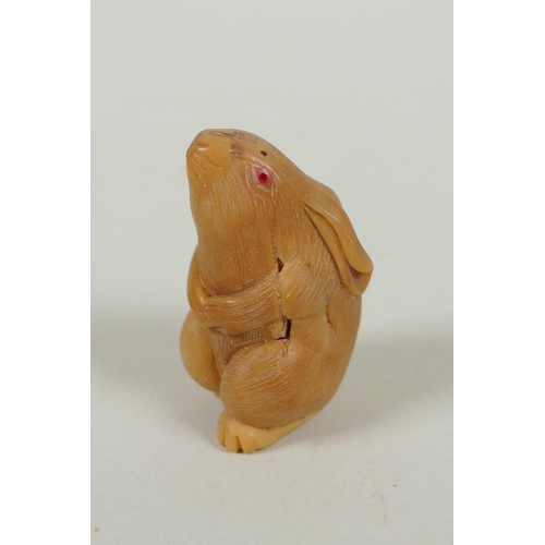 97 - Five Japanese carved tagua nut netsuke in the form of hares, a buffalo and a Buddha, largest 4cm