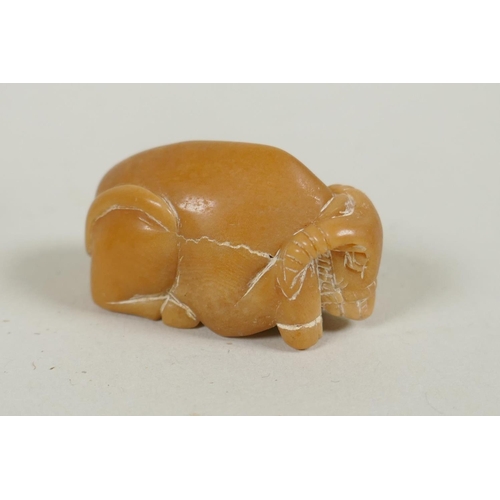 97 - Five Japanese carved tagua nut netsuke in the form of hares, a buffalo and a Buddha, largest 4cm