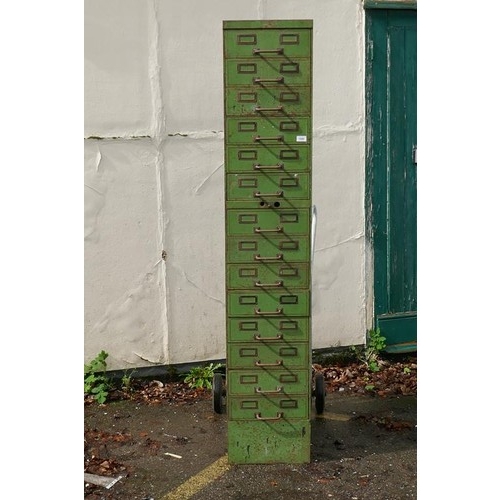 1090 - A Roneo vintage painted steel cabinet comprising fourteen slide drawers, 36 x 62 x 187cm