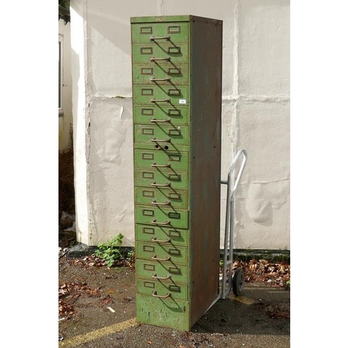 1090 - A Roneo vintage painted steel cabinet comprising fourteen slide drawers, 36 x 62 x 187cm